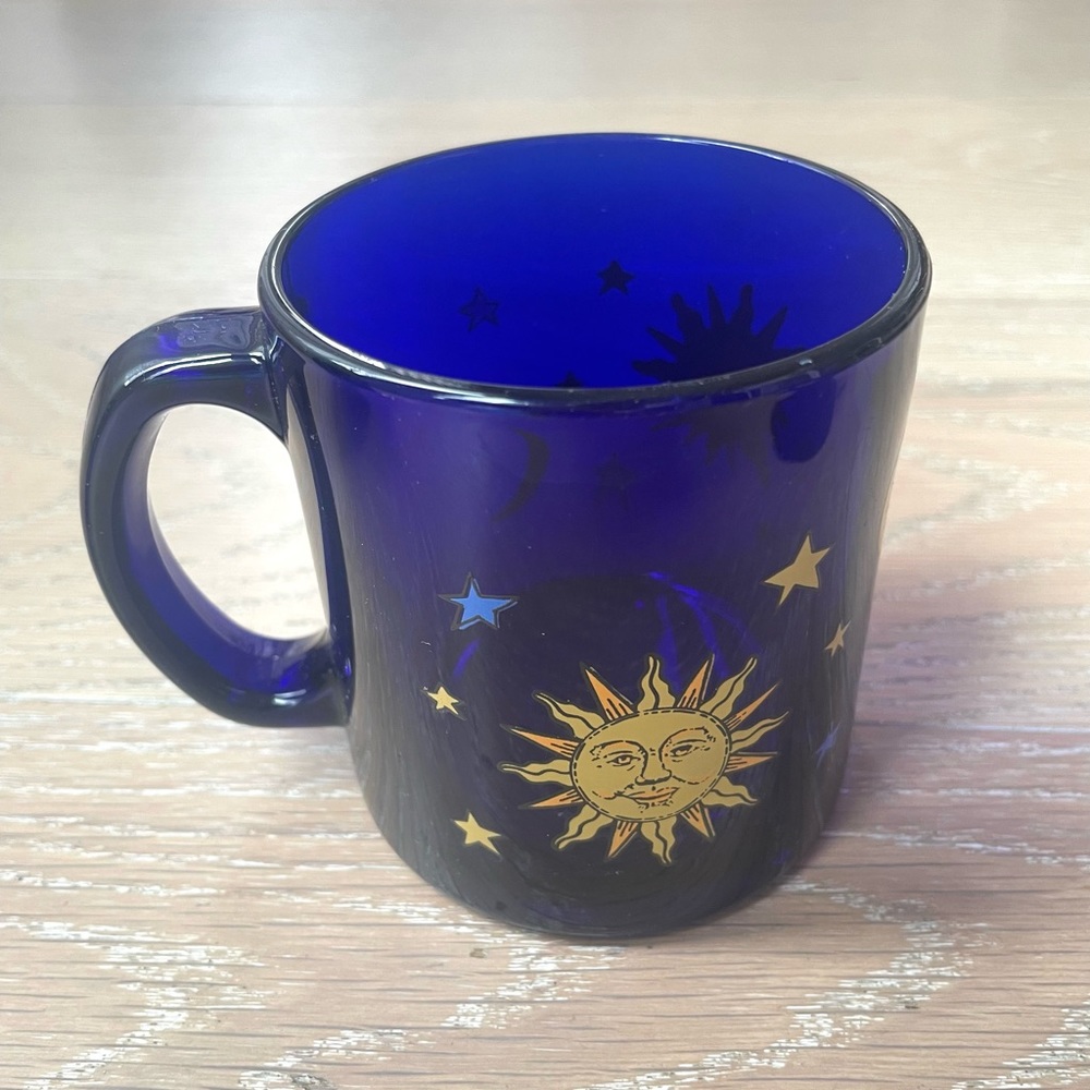 Vintage Libbey Celestial cobalt blue glass solar themed coffee mug